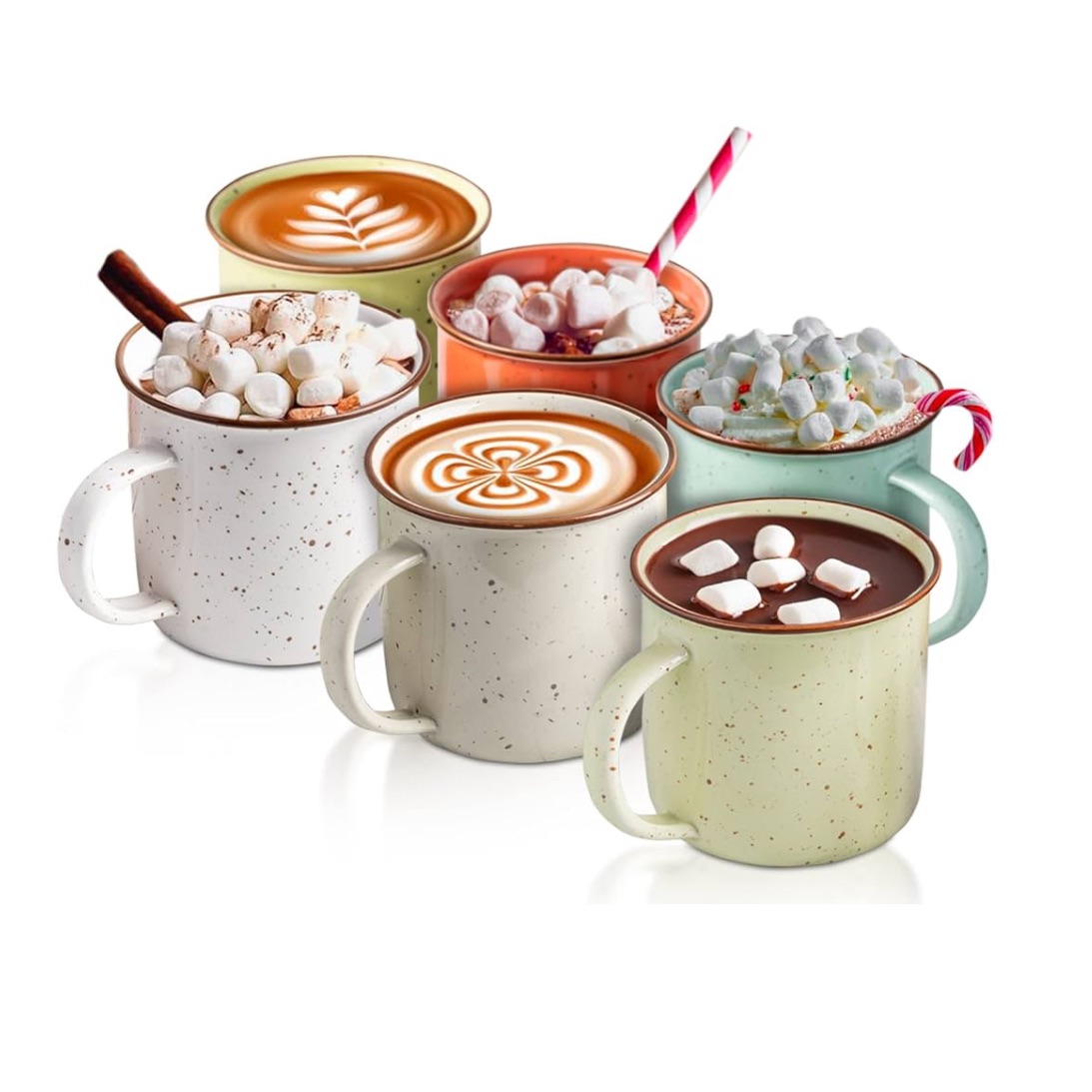 Speckled Campfire Style Mugs - Set Of 6-14 Oz - Cozy Colors -coffee Cups - Camping Coffee Mugs - Ceramic | Enamel - Use For Tea/hot Drinks: Coffee Cups & Mugs