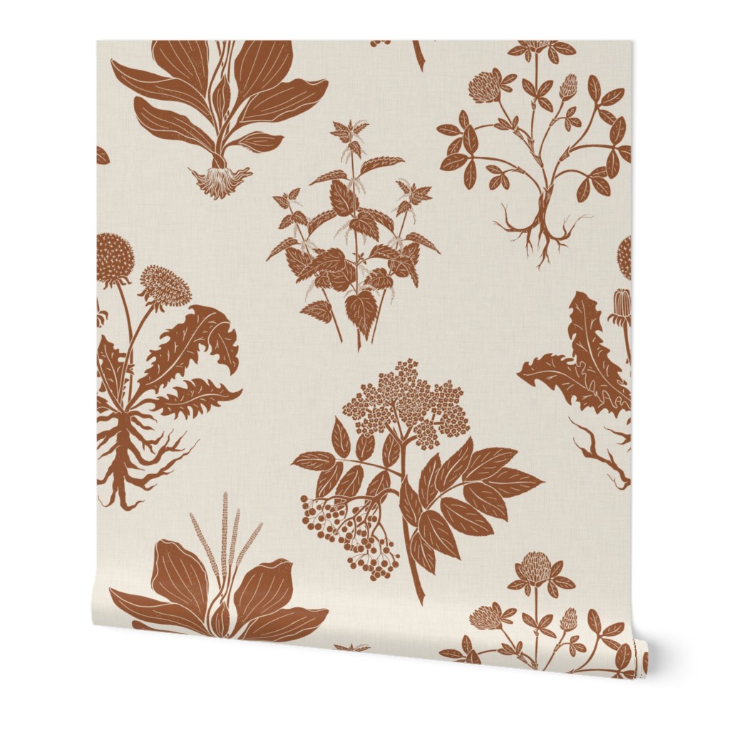 Wallpaper in Large Scale - Herbal Block Print - Burnt Orange on Ivory