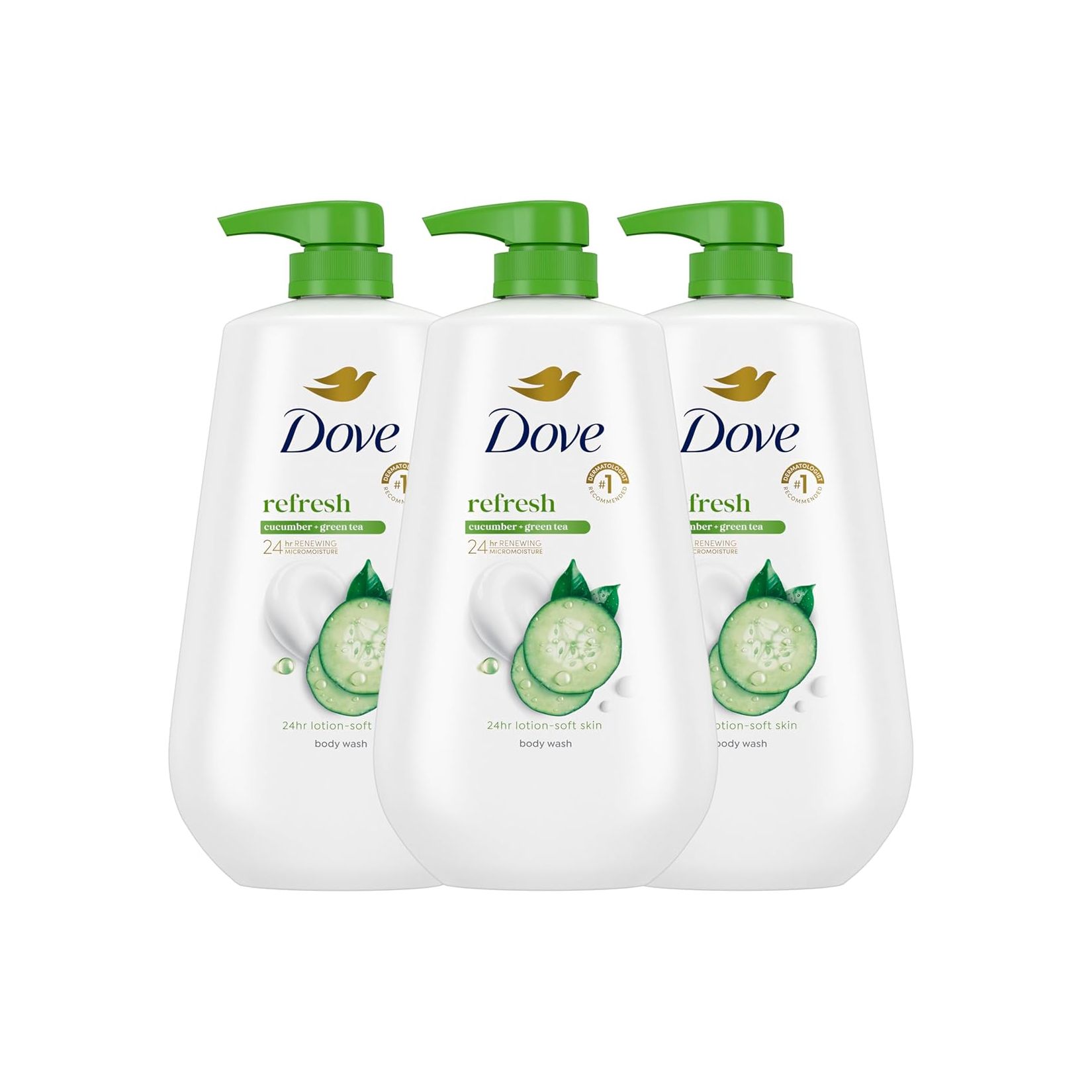 Dove Body Wash with Pump 3 Count Refresh Cucumber and Green Tea for 24hr Lotion-Soft Skin Moisturizing Skin Cleanser with No Sulfates No Parabens