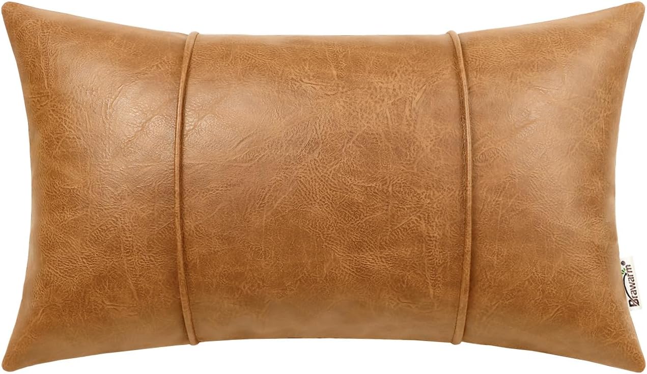 BRAWARM Tan Leather Throw Pillow Covers 12 X 20 Inches - Faux Leather Lumbar Pillow Cover with Piping, Hand Stitched Leather Throw Pillow