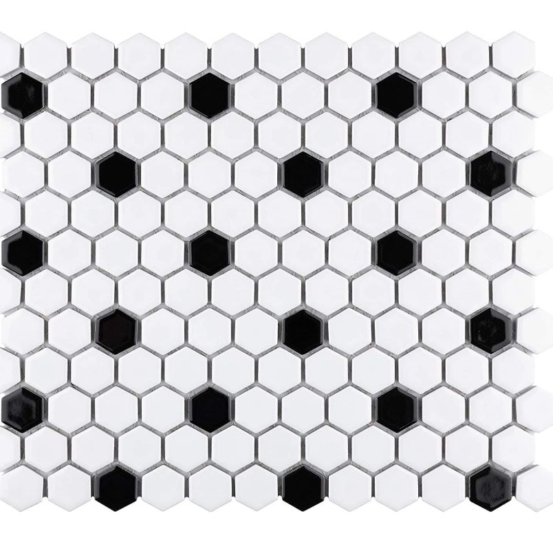 Tenedos USCT 1x1 Hexagon White with Black Dot Matte (Exact Hex Size 7/8") Porcelain Mosaic Floor Wall Tile Backsplash (10 Sheets/case) for Kitchen, Bathroom Shower, Accent Decor, Fireplace, Flooring