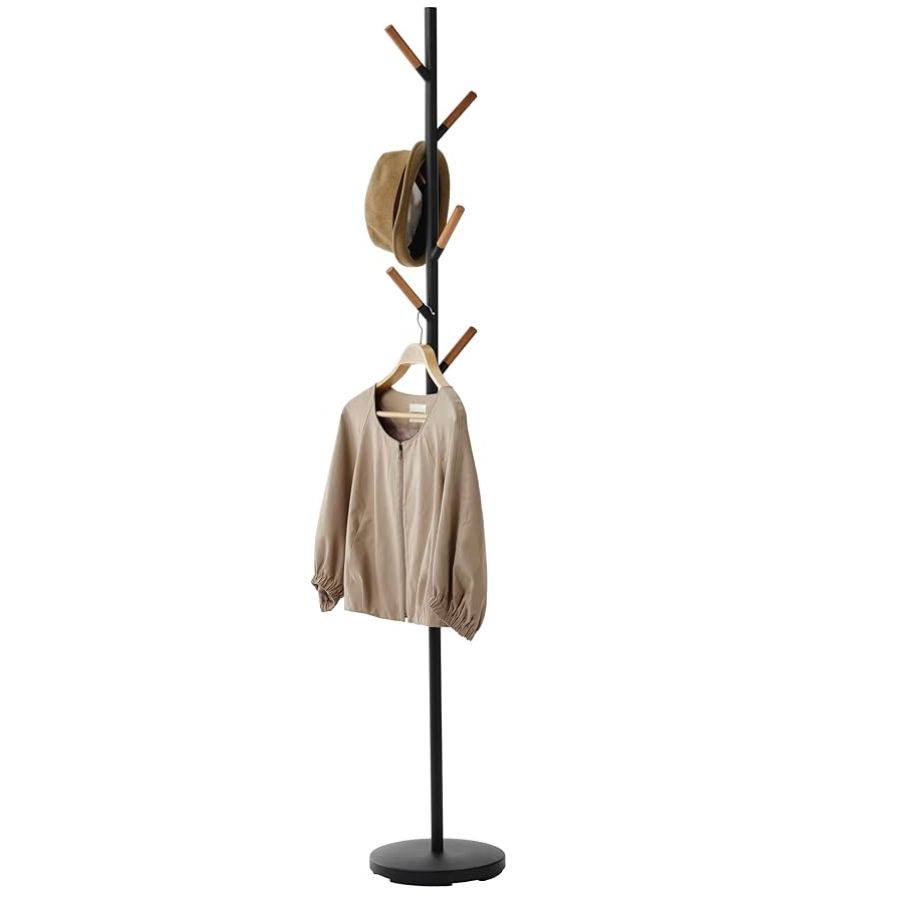 Yamazaki Home Freestanding Coat Rack Stand – Modern Coat Tree with Wooden Hooks, Standing Coat Hanger for Entryway, Sturdy Weighted Base, Steel, Black, Easy Assembly
