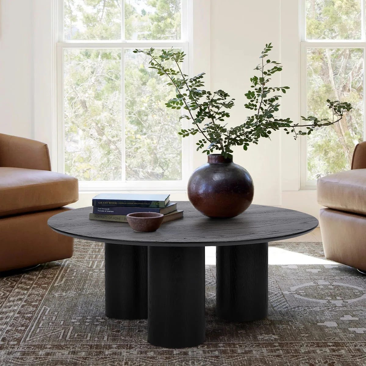 Baguette 40" Drum Black Architectural Design Rich White Oak Wood with 3 Legs Pedestal Round Coffee Table