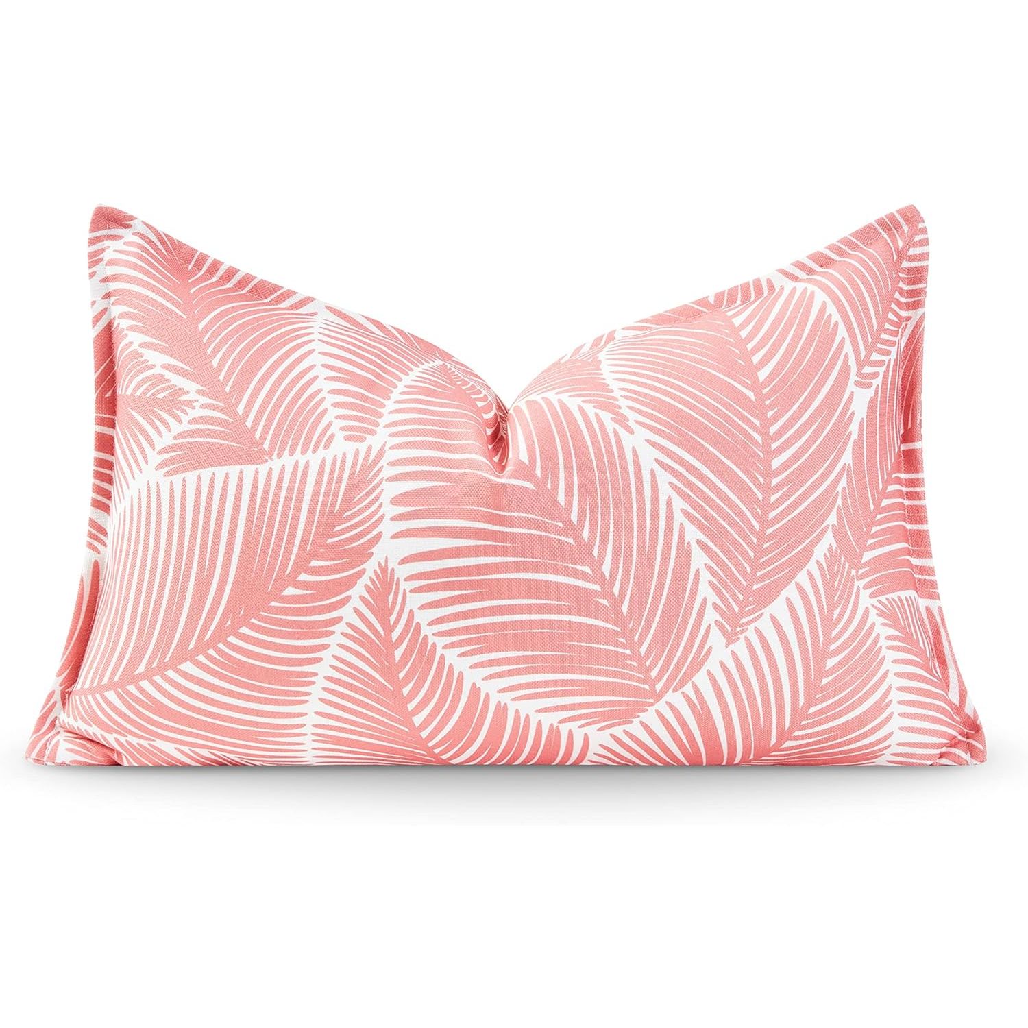 Hofdeco Premium Coastal Patio Indoor Outdoor Lumbar Pillow Cover Only, 12"x20" Water Resistant for Backyard, Couch, Coral Pink Palm Leaf