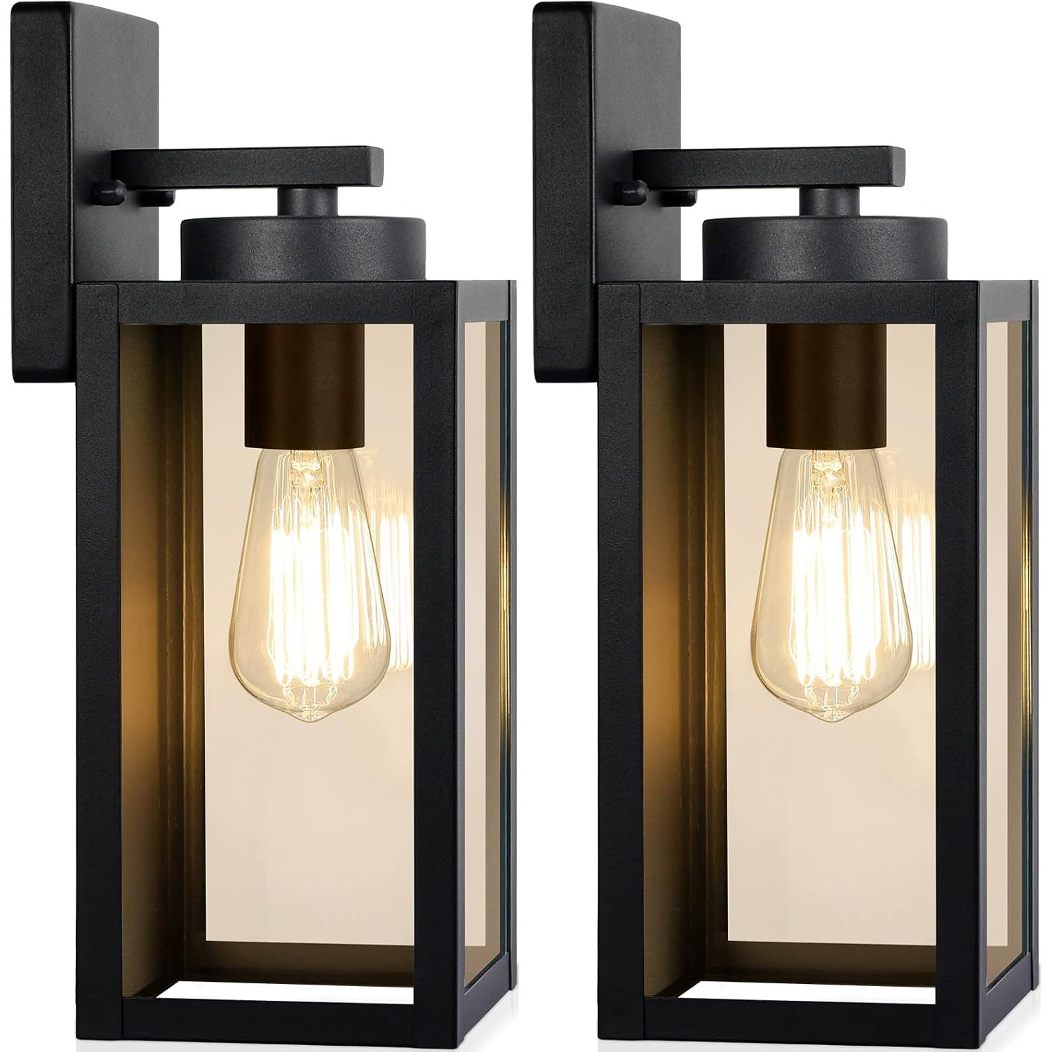Outdoor Wall Light Fixtures, Exterior Waterproof Wall Lanterns, Porch Sconces Lighting with E26 Sockets & Glass Shades, Modern Matte Black Outside Lights for Patio Front Door Entryway Garage, 2-Pack