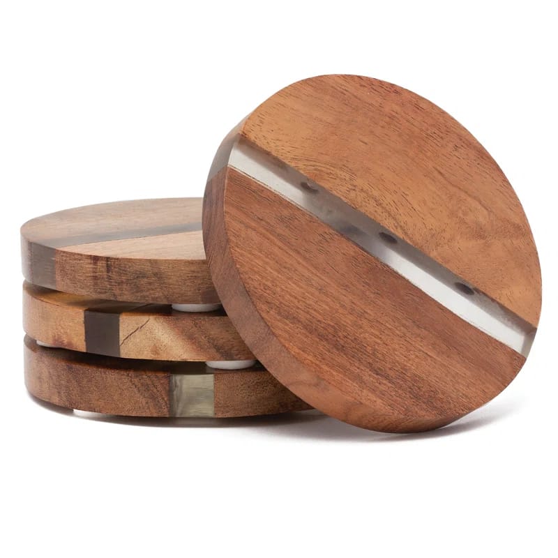 Bethelmie 4 Pack Round Acacia Wood Absorbent Coasters with Decorative Resin Inlay