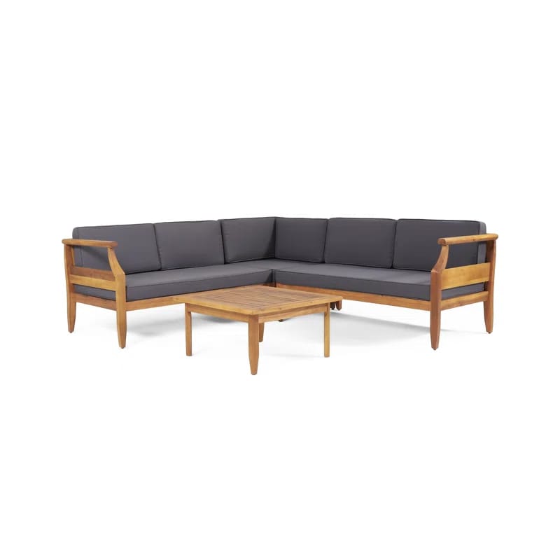 Trishul Outdoor Mid-Century Modern Acacia Wood 5 Seater Sectional Chat Set with Cushions