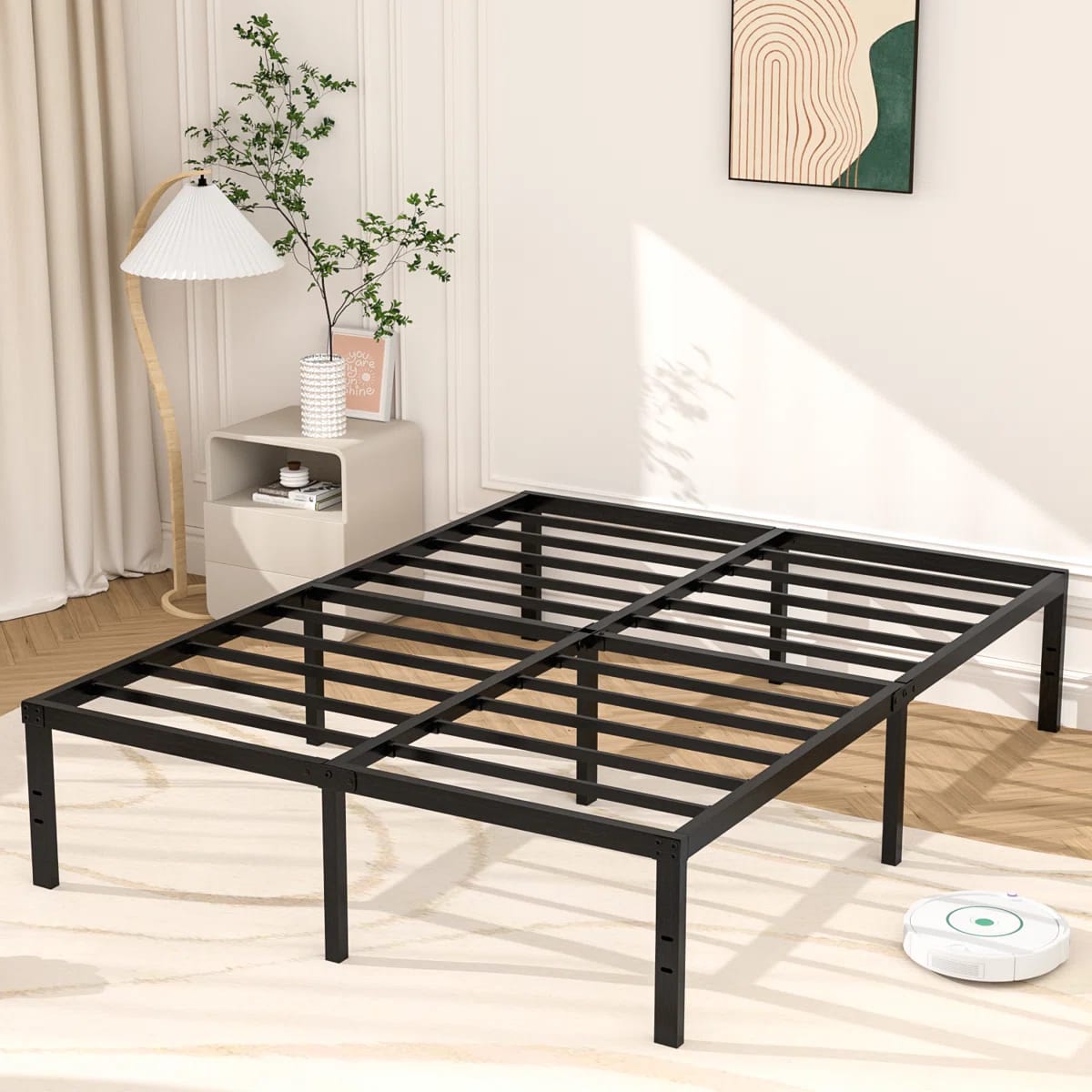 Turberville 16'' Black Metal Platform Bed Frame with Steel Slat Support, No Box Spring Needed