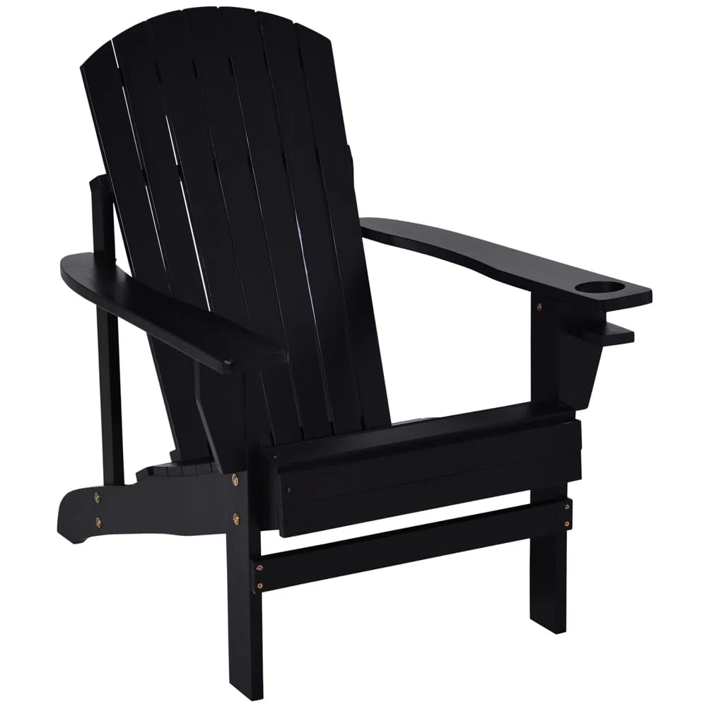 Khronos Patio Wooden Adirondack Chair Lounge w/ Cup Holder for Outdoor Garden Black