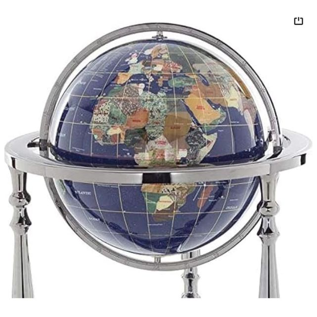Kalifano Large Gemstone Globe With Vibrant Polished Lapis Ocean And Mosaic Gem Continents On 37" Ambassador Antique Silver 3 Leg High Stand - World Globe With Floor Stand Office Decor : Toys & Games