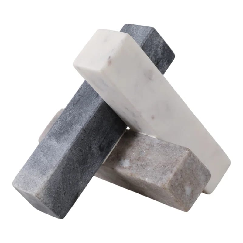Modern Marble Jack Sculpture For Home Decor - Interlocking Block Decorative Object For Living Room - Figurine And Statue Inspired Decor - 6", White & Tan