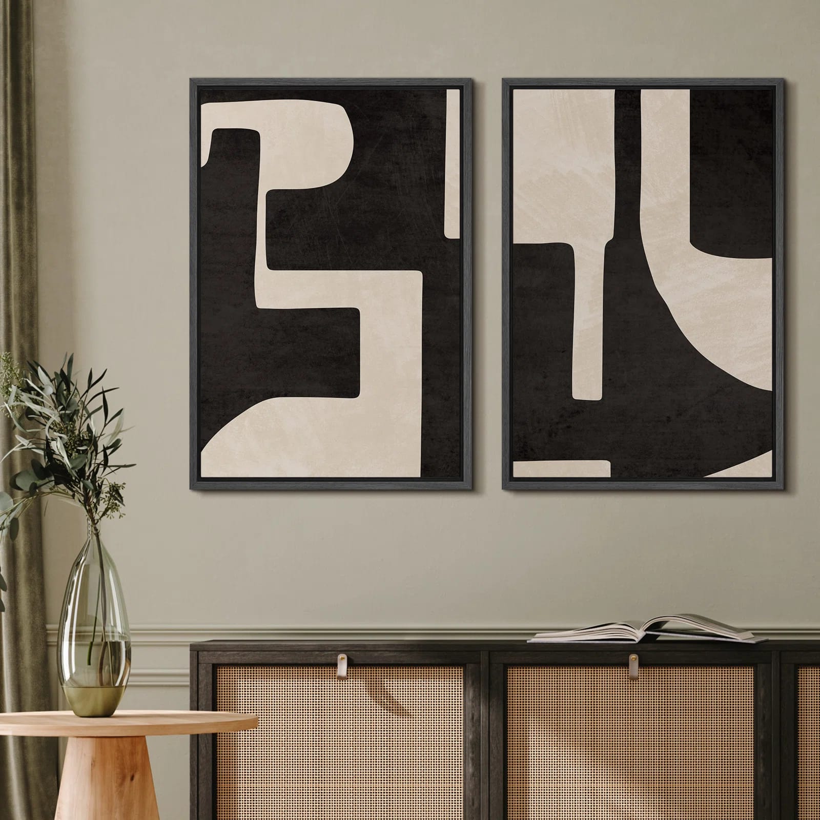Mid Century Shape Black & Cream Geometric Paint Stroke Abstract Neutral Décor Framed Canvas 2 Pieces Print Wall Art