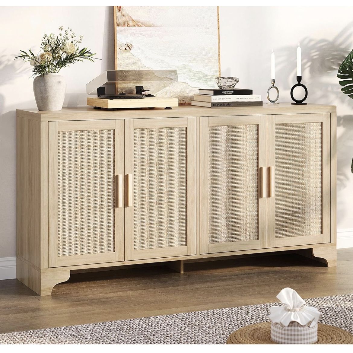 Garvee Natural Rattan Storage Cabinet with Shelves, 4-Door Sideboard Buffet Cabinet, Boho TV Stand Console Table for Living Room, Entryway, Dinning Room