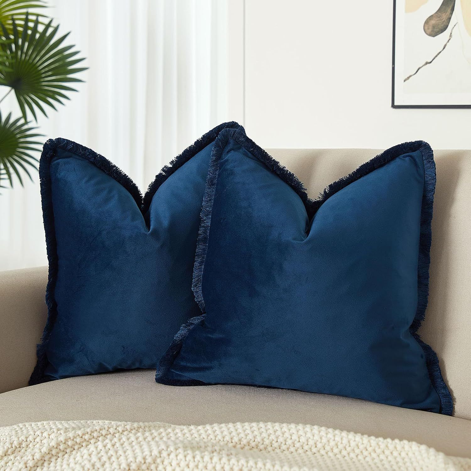 JUSPURBET Pack of 2 Navy Decorative Fringe Velvet Throw Pillow Covers 18x18 for Home Decor Living Room Bedroom Car Boho Soft Cushion Cover with Hidden Zipper Machine Washable