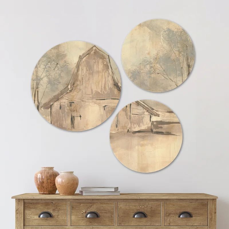 East Urban Home Designart Farmhouse Barn Grey Vi Modern Farmhouse Wood Wall Art Set Of 3 Circles