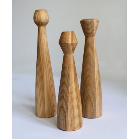 Set Of 3 Minimal Wood Candlestick Ash
