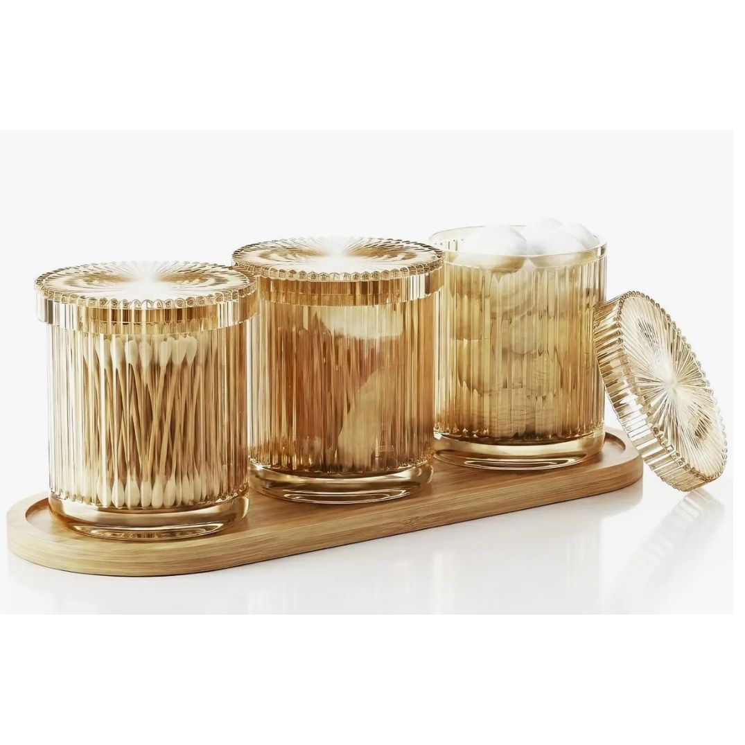 Bathroom Organizers And Storage, 3 Pack Glass Qtip Holder Dispenser With Bamboo Tray(Amber)