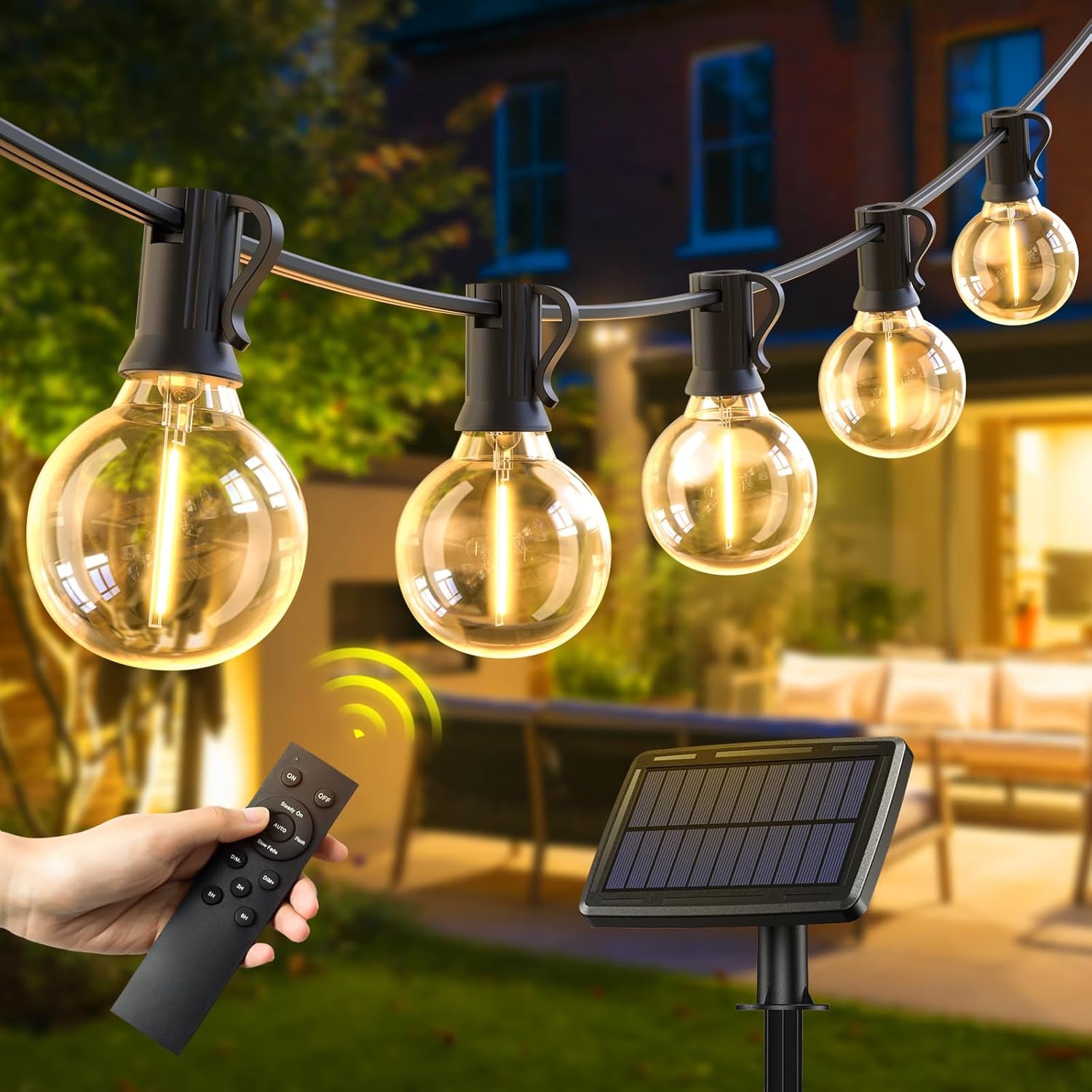 Solar String Lights Outdoor Waterproof with Remote 4 Light Mode, 106ft 50+3 Bulbs Type-C & Solar Powered
