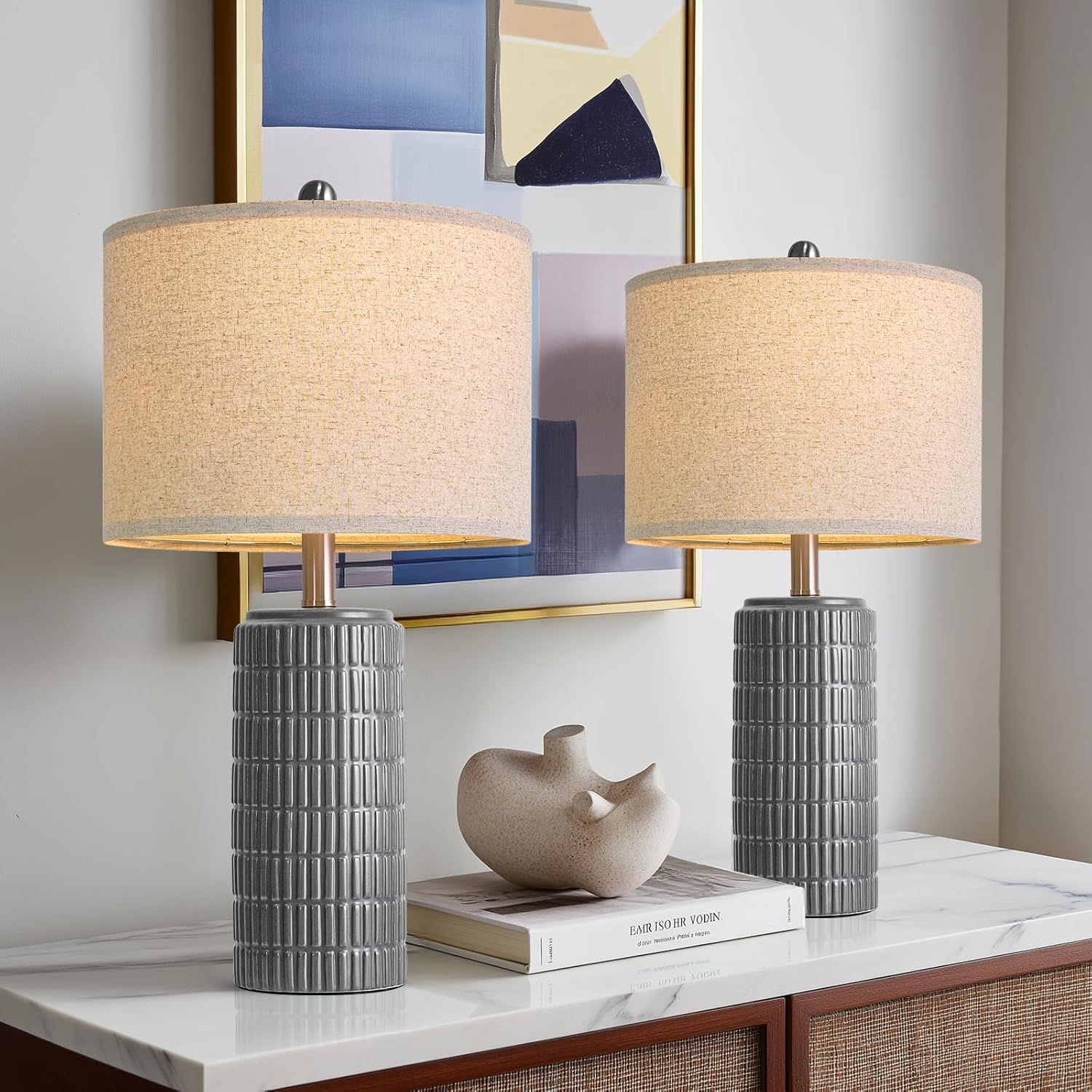PoKat 23" Ceramic Dark Gray Table Lamps Set of 2 for Living Room, Modern Bedside Lamps for Bedroom, Farmhouse Nightstand Lamp for Home Office Guest Room Sideboard Entryway Decor Gifts