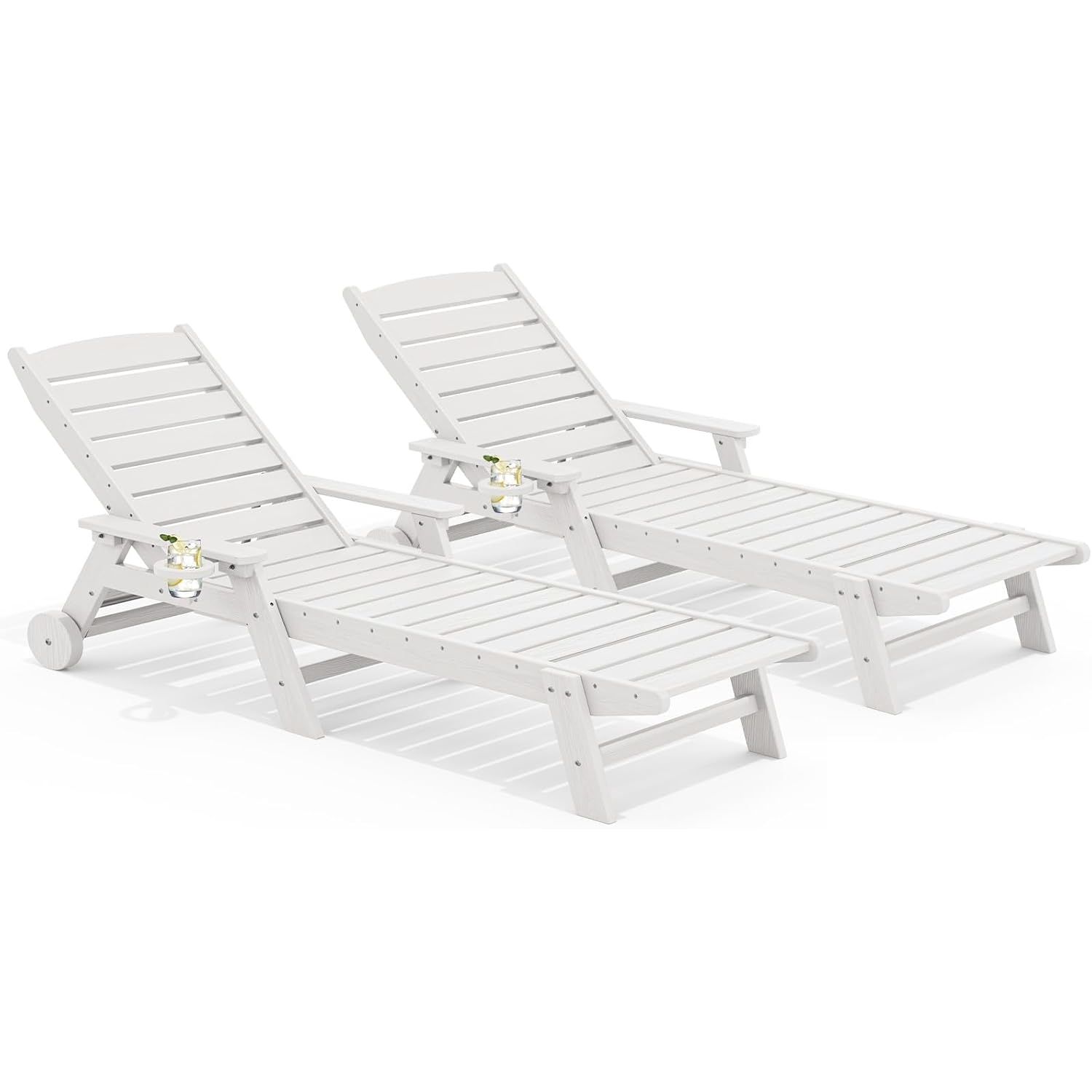 SERWALL Patio Chaise Lounge Chair Set of 2, 78'' Long 5-Positions Adjustable HDPE Outdoor Lounger for Pool, Poly Lounge Chair with Rolling Wheels & Cup Holder for Poolside, Deck, White