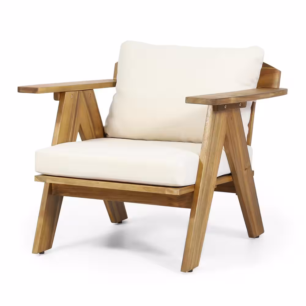 Arcola Teak Brown Wood Outdoor Patio Club Chair with Beige Cushion