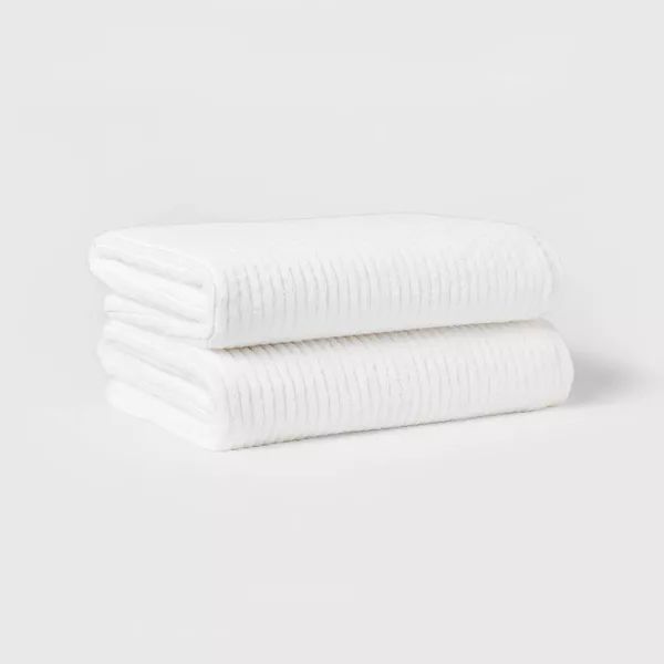 2pk Quick Dry Ribbed Bath Towel Set White - Threshold™: Cotton Terry, Midweight 450-550 Gsm, Machine Washable