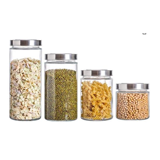 Lawei 4 Pack Glass Kitchen Canisters with Stainless Steel Lids, Food Storage Containers Jars, Airtight Canister Organization Set for Cookie Rice Beans Pasta Snacks, 26 40 50 66 Oz Clear Food Jars 