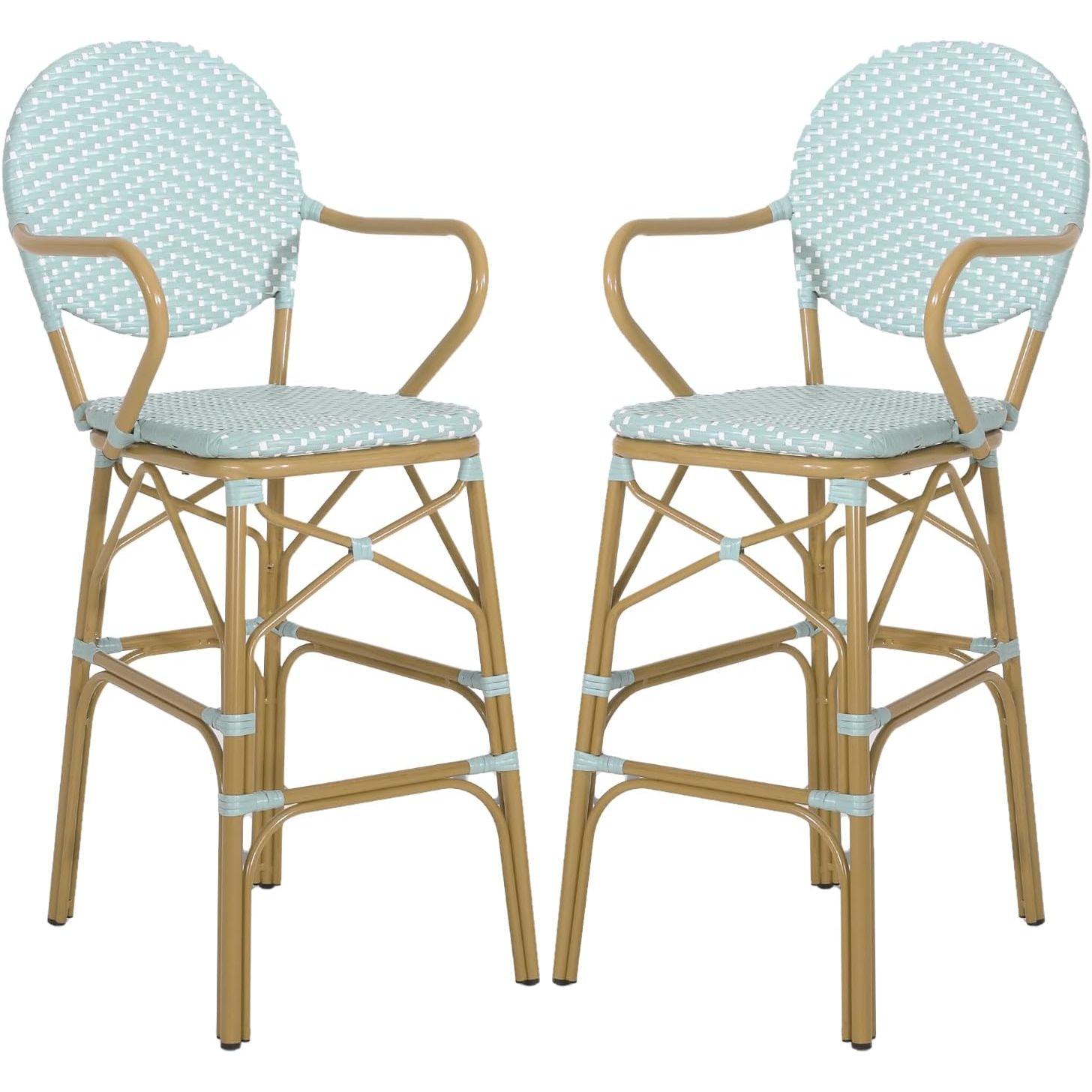 knocetx Outdoor Bar Stools Set of 2, Bamboo Print Finish Aluminum Frame French Bistro Bar Stools, 30 INCH Patio Rattan Woven Bar Chairs with Back Kitchen Island Stools (Teal, 2PCS)