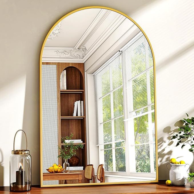 XRAMFY 26"x38" Arched Wall Mirror for Bathroom, Gold Vanity Mirror for Bedroom, Living Room, Entryway, Decorative Hanging Mirror for Wall