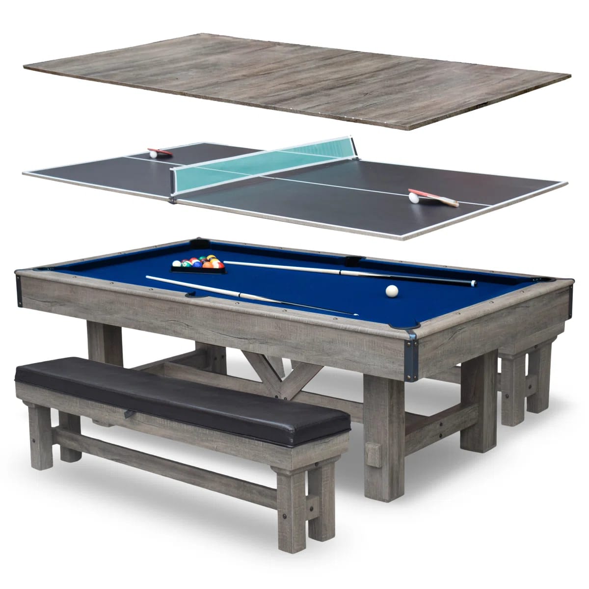 Hathaway Logan Stylish 7 Ft Multi Game Pool Table Combo with Dining Top and Ping Pong – Includes Benches for Home Storage and Accessories – Barnwood Finish