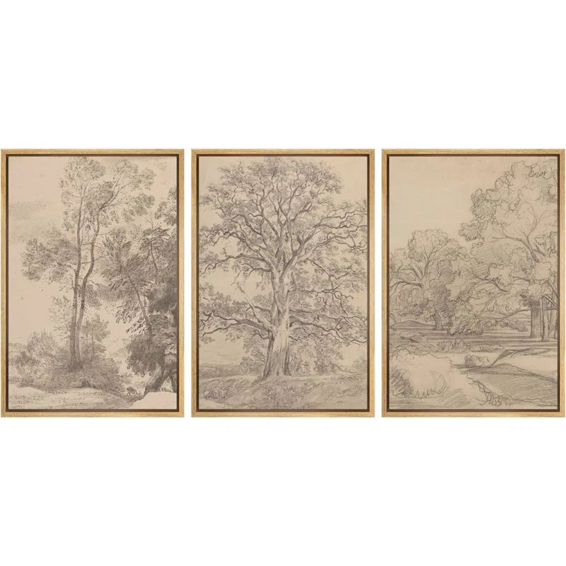 Idea4wall Vintage Forest Tree Sketch Rustic Countryside Landscape Picture Framed Canvas 3 Piece Print Wall Art