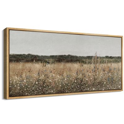 Rustic Wildflower Meadow Landscape Neutral Farm Field Nature Wall Decor for Living Room Bedroom Office Extra Large Pictures Framed Canvas Print Wall Art