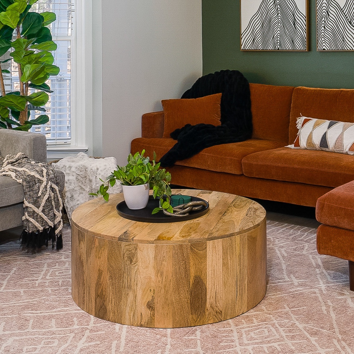Millbury 36"W Solid Mango Wood Contemporary Round Drum Coffee Table, Fully Assembled