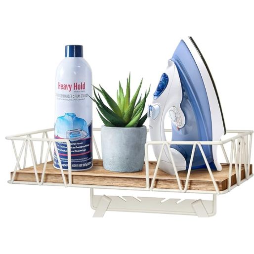 Tj.moree Ironing Board Hanger Wall Mount - Laundry Room Decor Iron And Ironing Board Holder With Large Storage Wooden Base Basket And Removable Hooks(t&v Shaped) Cream : Home & Kitchen