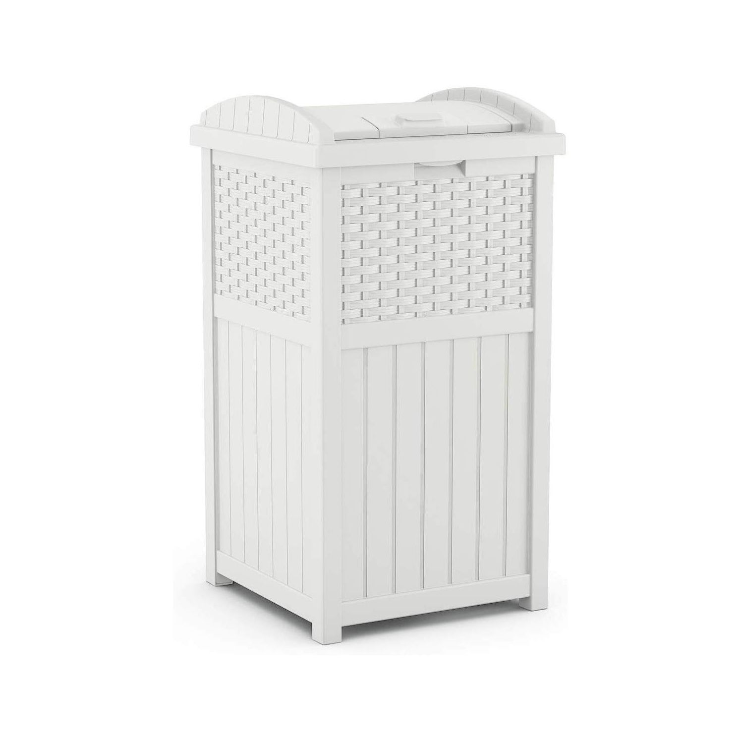 Suncast 33 Gallon Durable Plastic Hideaway Outdoor Garbage Can Trash Bin with Lid and Wicker Design for Backyard, Deck, or Patio, White