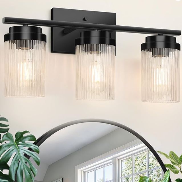 Black Bathroom Light Fixtures: 3 Light Bathroom Vanity Light with Grooved Glass Shade | Vanity Lights for Bathroom | Vanity Lighting Fixtures Wall Mount | Bathroom Lights Over Mirror