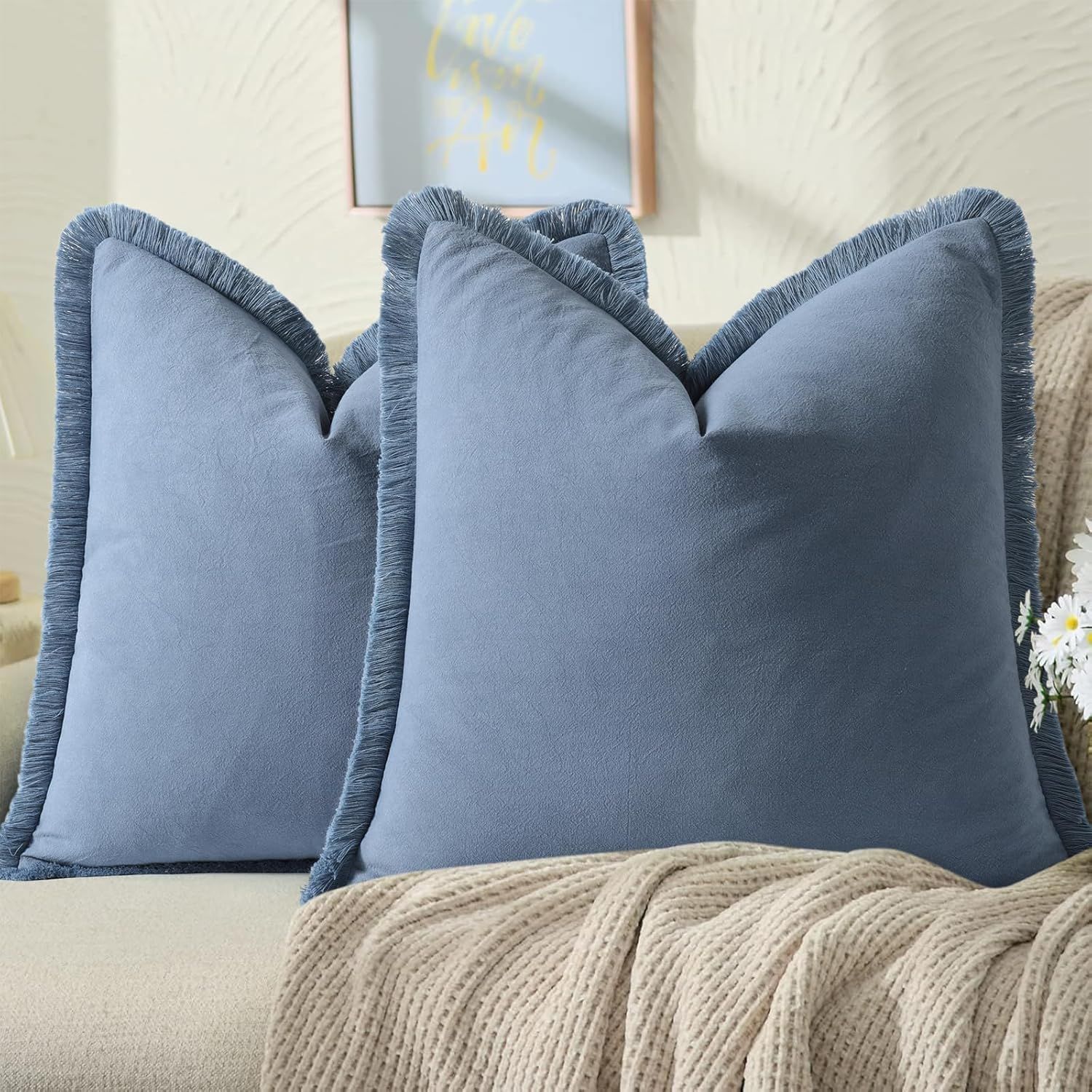 ZWJD Pillow Covers 24x24 Set of 2 Blue Throw Pillow Covers with Fringe Chic Cotton Decorative Pillows Square Cushion Covers for Sofa Couch Bed Living Room Farmhouse Boho Decor
