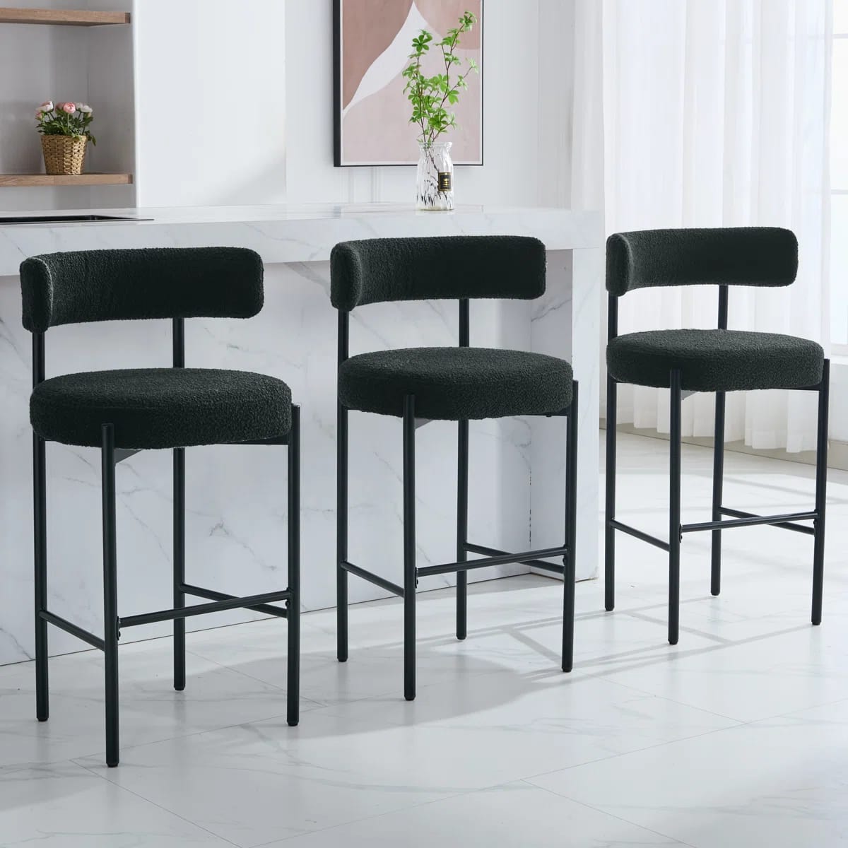 28" Boucle Upholstered Metal Counter Stool Set Of 2