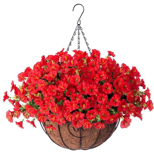 Ivydale Artificial Faux Hanging Flowers Plants Baskets for Outdoors Outside Spring Decoration, Fake Silk Red Morning Glory UV Resistant Look Real for Front Door Porch Patio Balcony Yard Garden Home