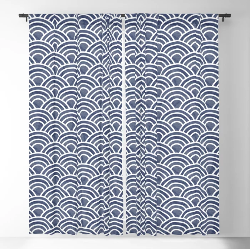 Dark Blue Japanese Seigaiha Wave - Watercolor Ocean Art, Classic Blue Pattern Blackout Curtain