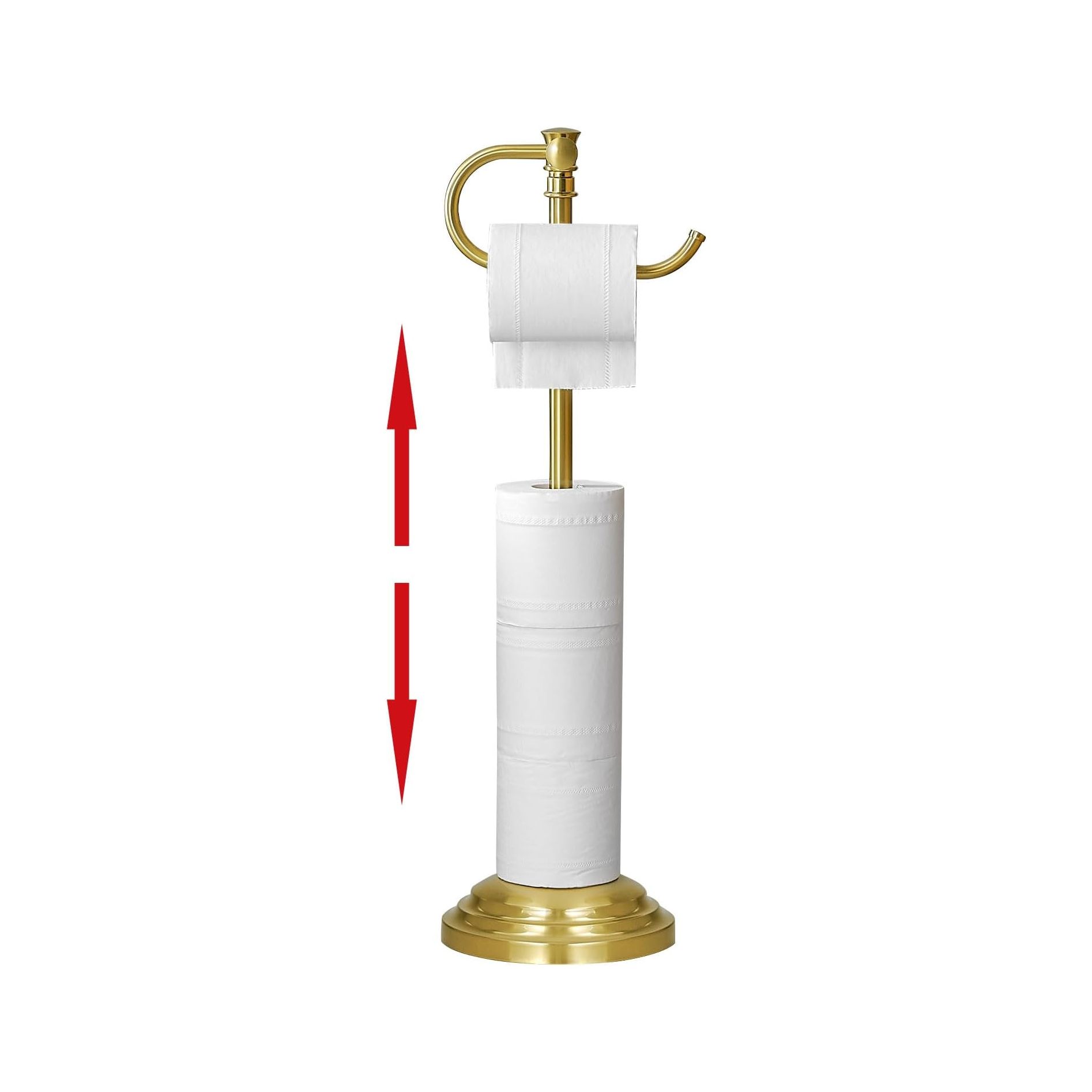 RUMOSE Toilet Paper Holder Stand for Floor, Brushed Gold Adjustable (12.4" to 22.8") Bathroom Toilet Tissue Holder, Free Standing Toilet Paper Roll Holder with Storage, Stainless Steel