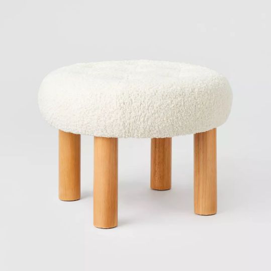 Kessler Round Tufted Faux Shearling Ottoman With Wood Legs (kd) Cream - Threshold™ Designed With Studio Mcgee: Upholstered Footstool