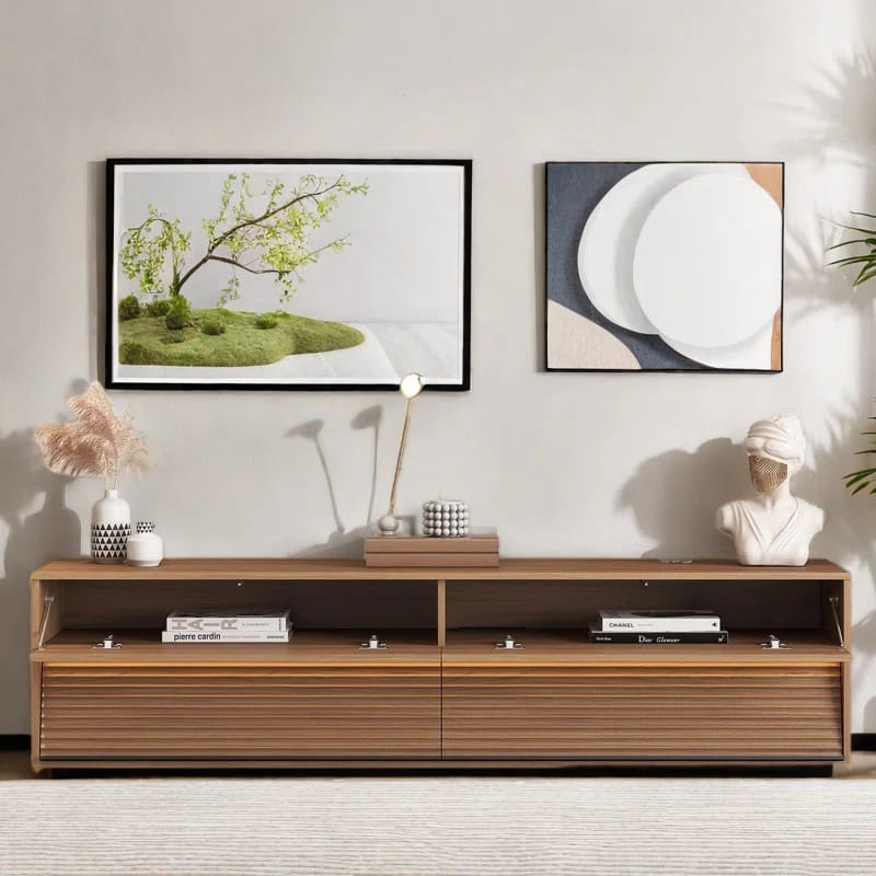68" Fluted TV Stand with Dimmable Light, Media TV Console with Charging Station & Ample Storage