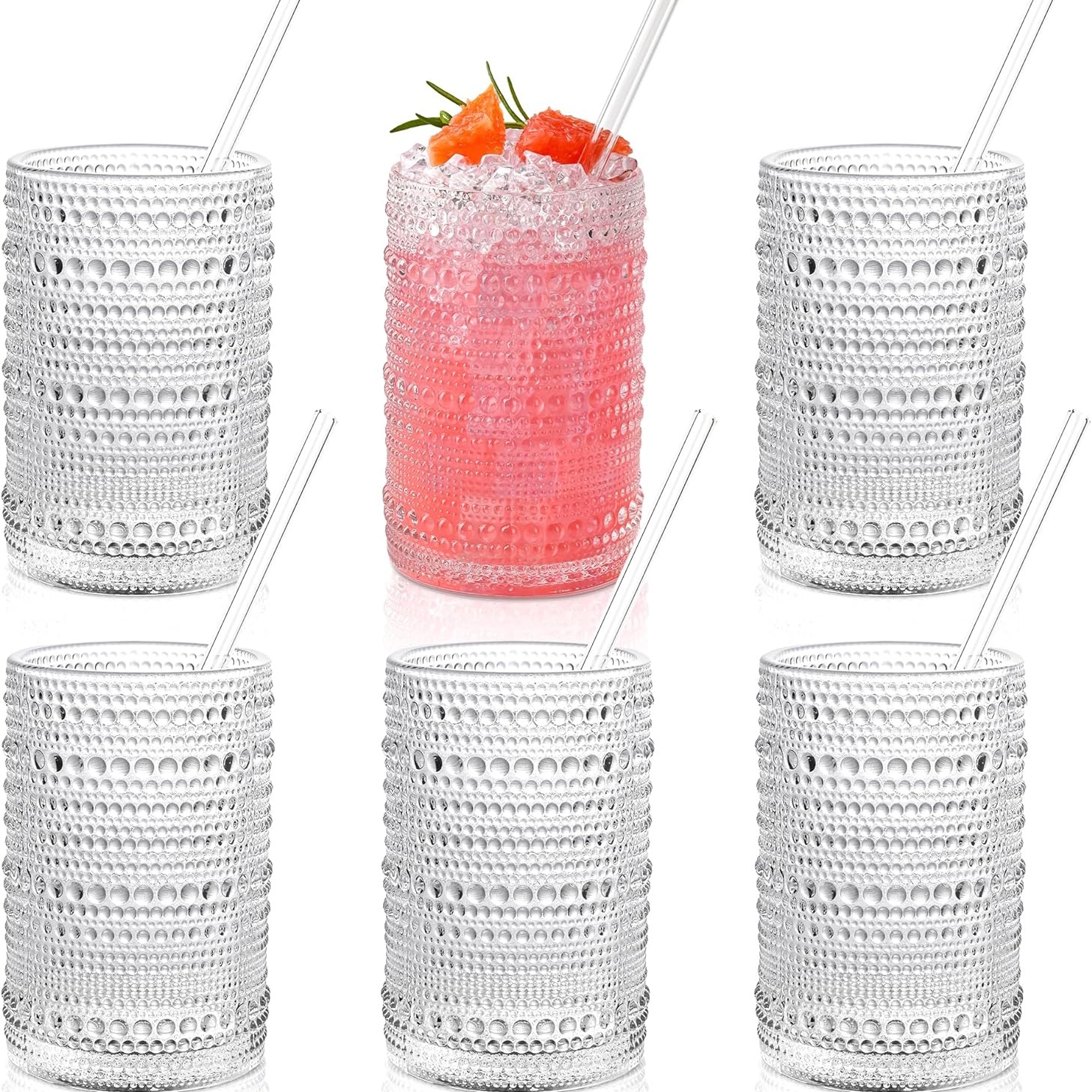 Hobnail Drinking Glasses with Straws 15oz Vintage Glassware Set of 6
