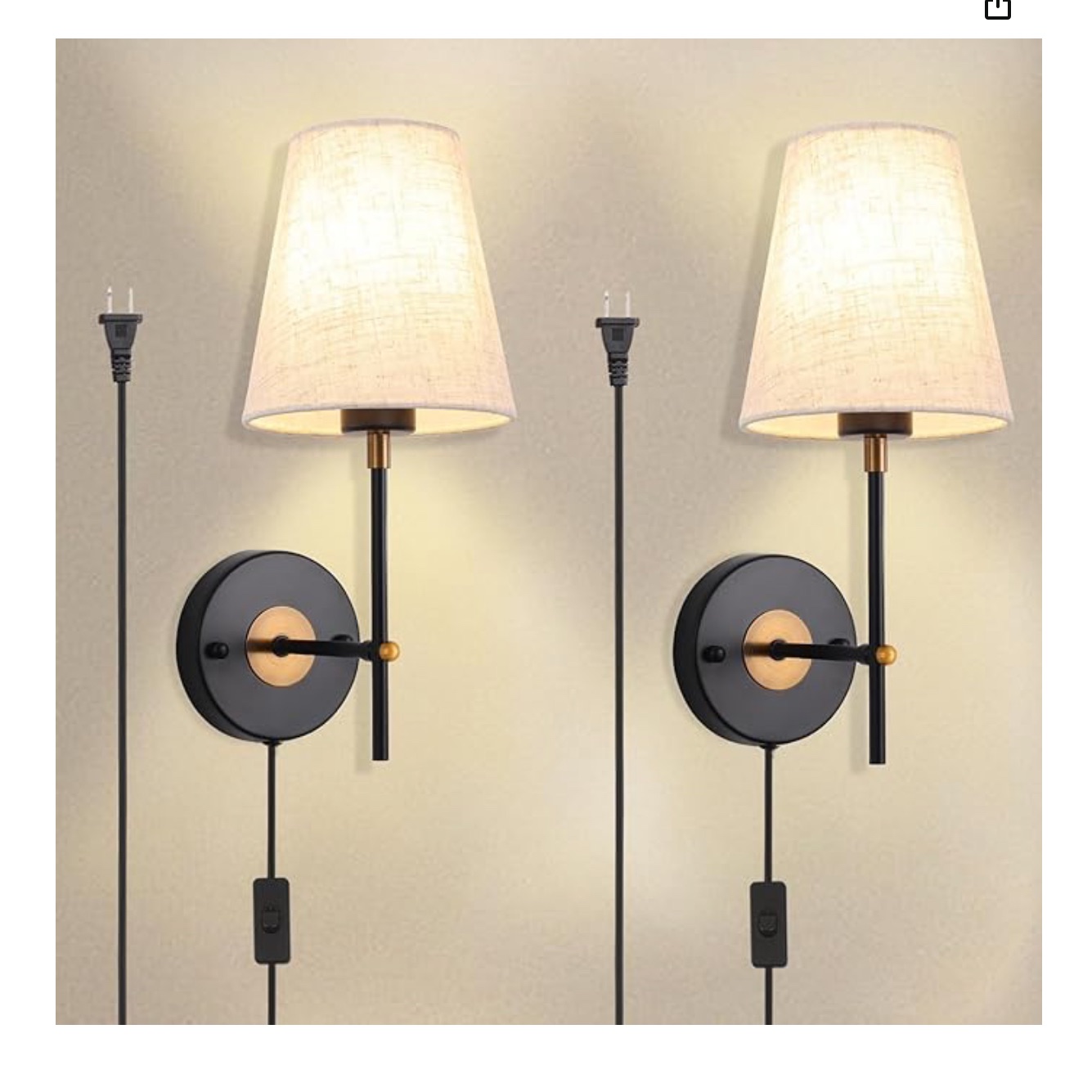 Etonimerr Plug In Wall Sconces Set Of 2 With Fabric Shades Black Gold Wall Lamp With Plug In Cord And On/off Switch Plug In Wall Light For Bedroom Entryway Hallway Out Wall Sconces For Porch Patio