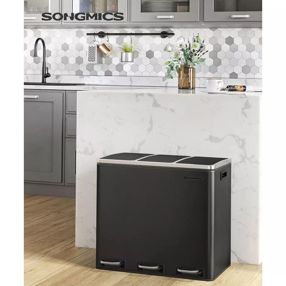 Songmics Trash Can, 14.4 Gallon Garbage Can, Recycle Bin With Soft-close Lids, And Inner Buckets For Kitchen, Stainless Steel, Black