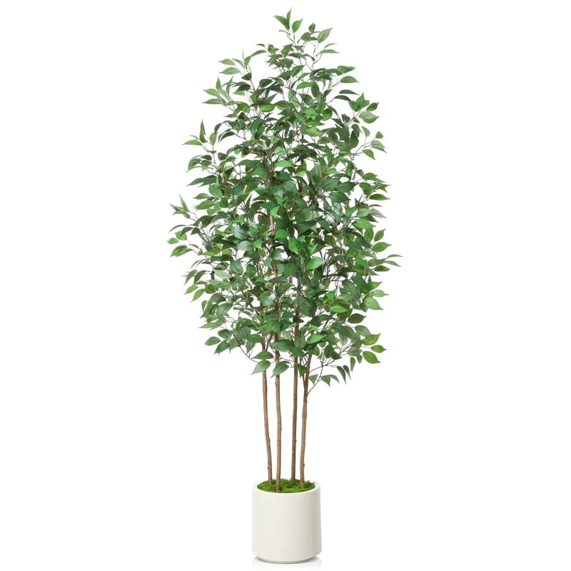 Adcock Faux Ficus Tree in Pot with White Planter, Faux Green Ficus Plant, Fake Tree for Home Décor