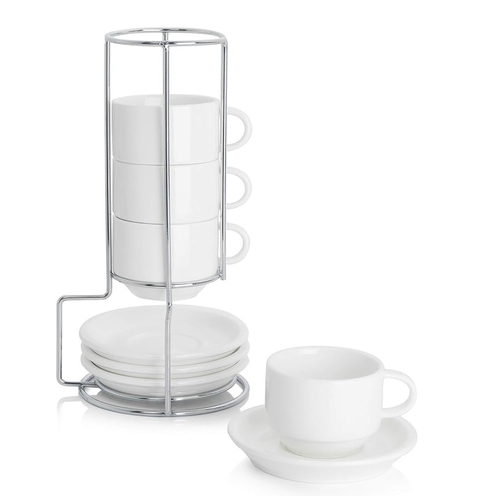 Set of 4 2.5 Ounce Porcelain Stackable Espresso Cups w/ Saucers And Metal Stand