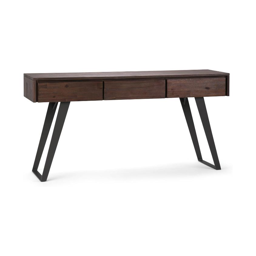 Simplihome Lowry Solid Acacia Wood And Metal 60 Inch Wide Modern Industrial Console Sofa Table In Distressed Charcoal Brown