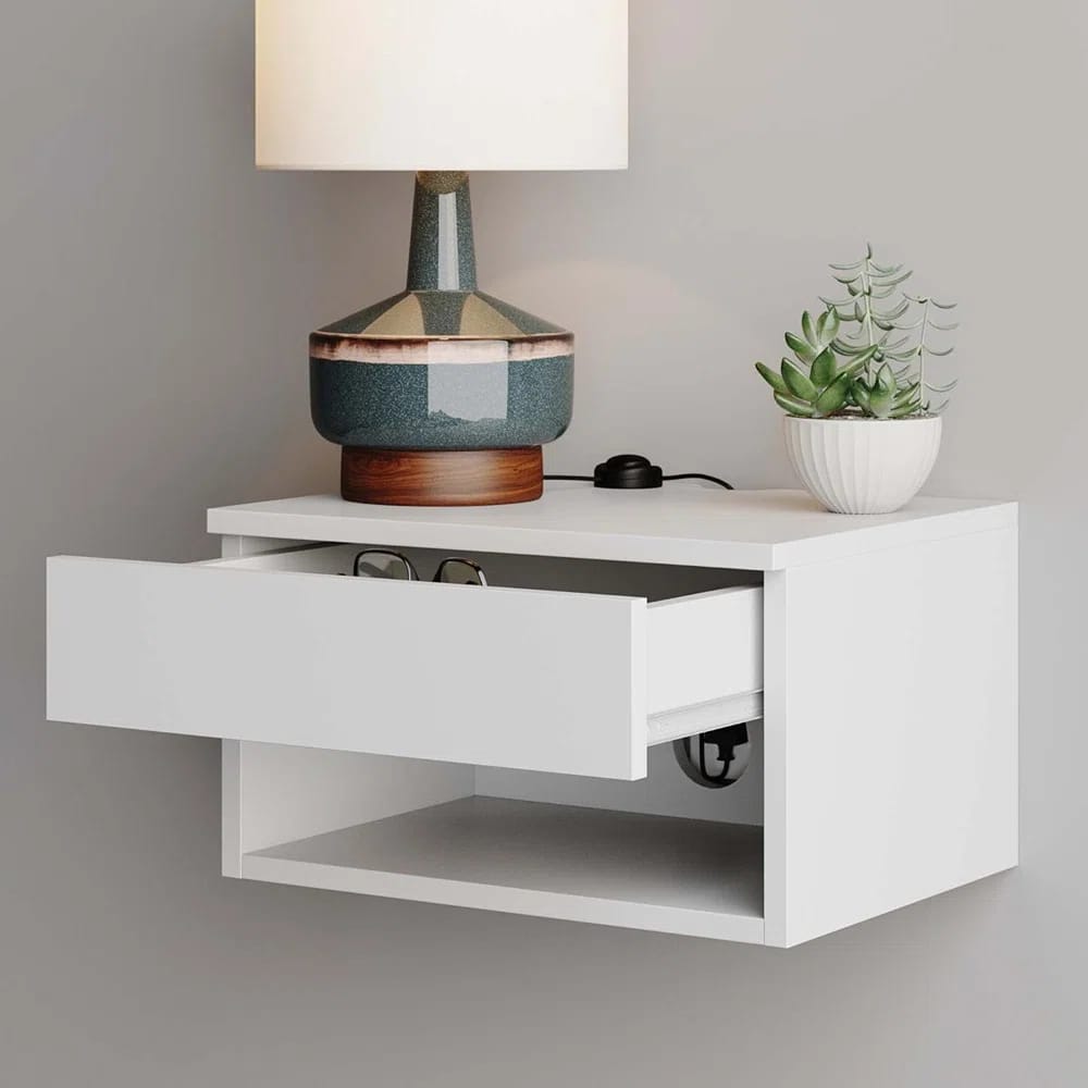 Modern Floating Bedroom Nightstand with Storage Drawer and Open Shelf Cubby
